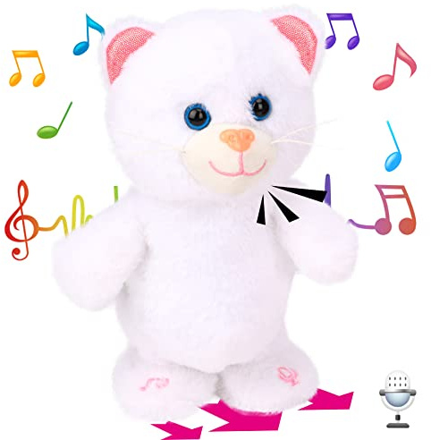 Hopearl Chat Parlant Chantant, Répète Tout ce Que Vous Dites, Marche, Interactive, Animée, Compagnon en Peluche, Cadeau pour Enfants, Blanc, 20 cm