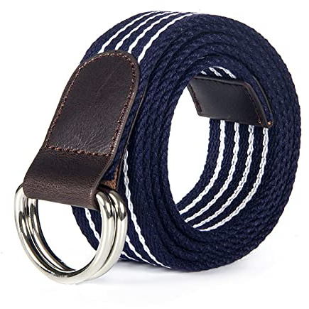 XYFCJK Gestreifter Gürtel Mit Doppelter D-Ring-Schnalle - Pu-Leder-Verstärkung Military Cloth Tactical Canvas Web Belts, Herren Damen Outdoor-Jeans-Bund,Blau,120Cm(47.2Inch)