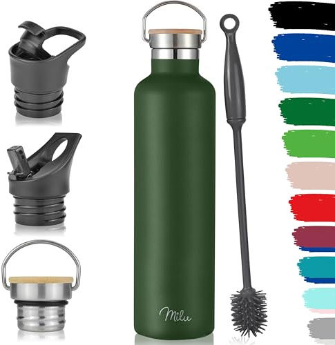 Milu Edelstahl Trinkflasche 350ml 500ml 750ml 1000ml (+3 Deckel) Thermosflasche mit Strohhalm, Isolierte Wasserflasche, Auslaufsichere Isolierflasche doppelwandig (Olivgrün, 1000ml)
