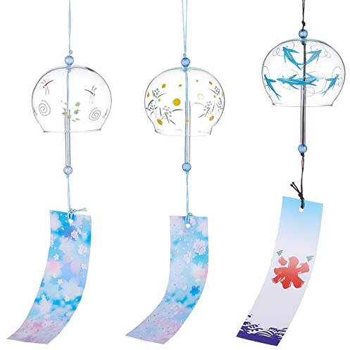 BENECREAT 3pcs 3 Style Animal Pattern Carillons Éoliens Japonais, Pendentifs Faits à la Main de Cloches de Vent en Verre Bleu Ciel Clair pour Cadeau d'anniversaire et Décorations pour la Maison