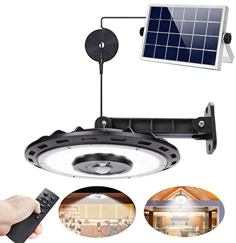 GEYUEYA Home UFO Solarlampen Für Außen- Mit Bewegungsmelder, 1200LM, 108LED, 5M Kable Mit Fernbedienung,5 Modi, IP65 Wasserdicht