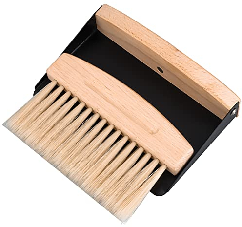 Teokantz Small Dustpan and Brush Set Mini Wooden Table Brush and Dustpan Metal Dust Pan Brushes Set Portable Mini Broom for Sweeping and Cleaning Tabletop Countertop Tables Work Surfaces Crumbs- Black