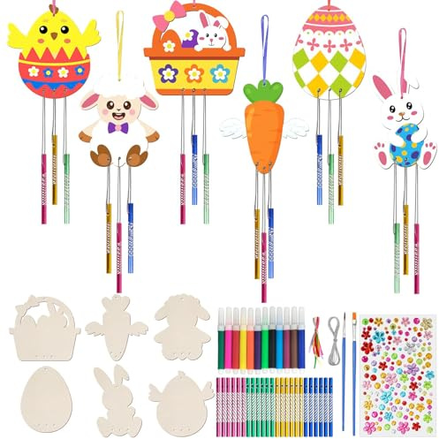 61 Stück Ostern Windspiel Bastelset, Ostern Basteln Holz mit Pinsel, Basteln Frühling Kinder, Osterbasteln zum Bemalen, Klangspiele Osterdeko zum Sufhängen, Ostern Geschenk für Kinder