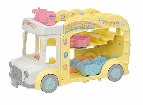 Sylvanian Families - Il Bus Arcobaleno Sole – Autobus a 3 Piani Trasformabile in Area Giochi per 28 Bebè – Modello 5744