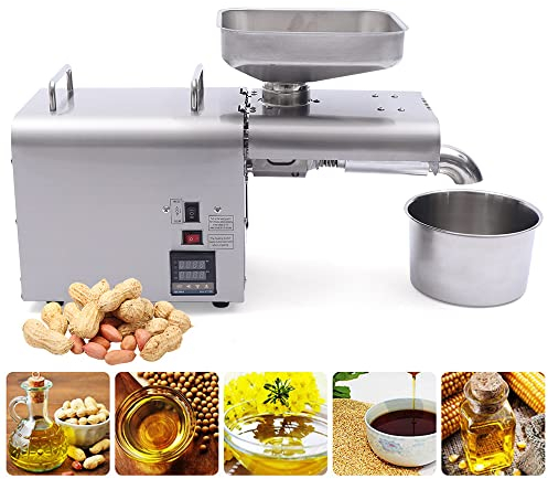 Ölpresse Maschine, 220V 750W Ölpresse-Maschine Edelstahl-Automatischer Ölextraktor-Heißer Kalter Ölpresse, für Erdnuss-Sojabohnen-Raps, für Kommerziell & Haushalt, 7kg/h, (Silber)
