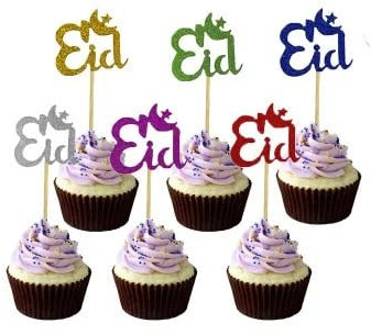 10 Eid Mubarak Cupcake Toppers, Coloured Glitter Eid Cupcake Toppers, Eid Cake Toppers, Eid Cupcake Charms, Eid Cake Decorations UK.