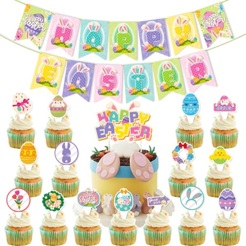 Happy Easter Party Decoration,Rabbit Bunny Egg Chicken Happy Easter Hanging Bunting Banner Garland Cupcake Toppers Cake Decoration Photo Booth Props for Easter Day Spring Religious Party Supplies