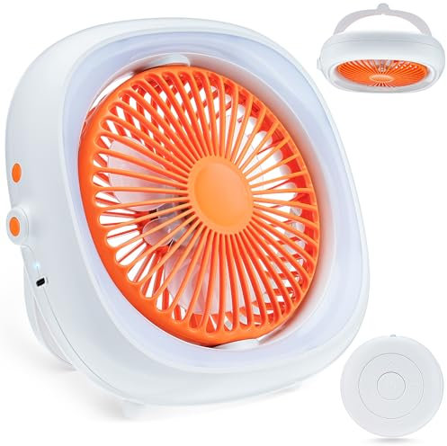 Senprity Camping Fan with LED Light,4000mAH Battery Power Portable Fan with Remote Control, 360°Rotatable Cooling Quite Fan, Carry Handle Silent Box Fan for Office Picnic Dorm Indoor Outdoor (Orange)
