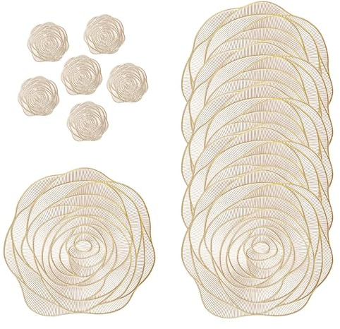fanquare 6er Set Platzsets, Gold PVC Tischset rutschfest & Abwaschbar, Hochwertige Abendessen Speisematten, Europäischer Stil Rosé Blumen Design, Hitzebeständige für den Küchentisch, 38 * 38cm