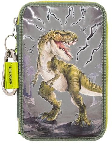 Depesche 11758 Dino World Reflector - Gefüllte 3-Fach Federtasche in Grün-Grau, mit Dino Motiv und Blitzen, reflektierende Federmappe mit Buntstiften, Lineal, Schere uvm.