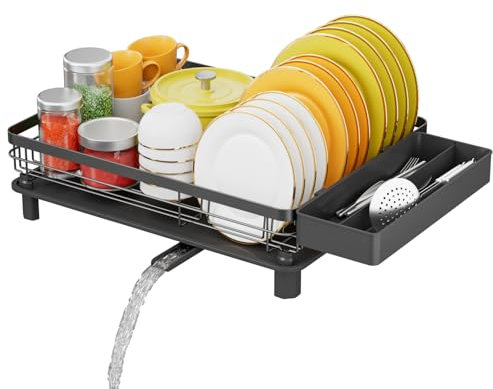 E-MANIS Dish Drainer Rack,Dish Rack with Drip Tray and Spiral Nozzle,Dish Drying Rack with Removable Cutlery Holder,Sink Drainer Rack