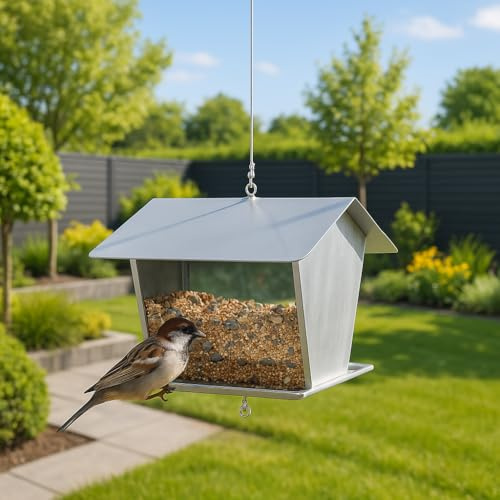 MeLiTec Edelstahl Vogelfutterhaus - Hängend, Wetterfestes Vogelhaus mit Modernem Design für Garten oder Balkon