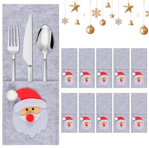 10 Piezas Soporte Para Cubiertos Navideños,Porta Cubiertos De Fieltro Navideño, Bolsa Cubiertos Navidad,Bolsa De Vajilla Navideña, Porta Cubiertos Navideños Bolsas, para Decoración de Navidad. (A)