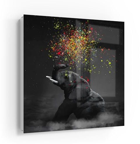 DEQORI Schlüsselkasten weiß | 30x30 cm | Motiv Farbenfreudiger Riese | Glas & Metall Schlüssel-Box | Schlüsselschrank mit 50 Haken + 2 Magnete | Moderne Design Box magnetisch & beschreibbar