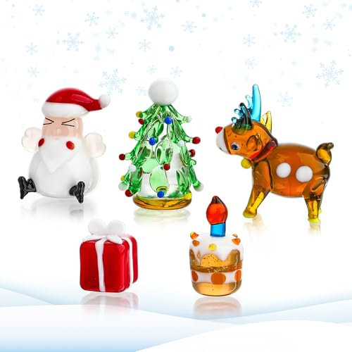 H&D HYALINE & DORA Set mit 5 geblasenen Glas-Weihnachtsfiguren, Miniatur-Weihnachtsfeiertagsfiguren, handgefertigte Weihnachtsschmuck, Tischdekoration für Heimdekorationen