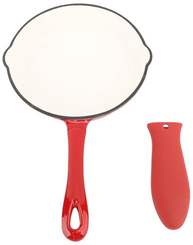 Otufan Sartenes de hierro fundido, sartén de hierro fundido esmaltado, antiadherente de 25 cm/9,8 pulgadas con mango largo y cubierta de goma Sartén de hierro fundido para acampar, (25 cm)