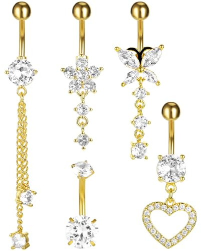 Huiguli Set med 5 öronpiercingar i rostfritt stål med guld och zirkonia - 10 mm - Kirurgisk stål - Blomma och fjäril mönster - För kvinnor, 10mm, guld, 1