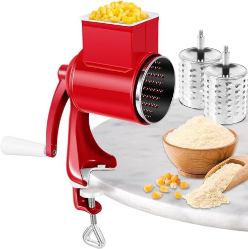 Nussmühle Manuell mit 2 Austauschbaren Trommelklingen Trommelreibe Edelstahl mit Kurbel Clipbar Manuelle Trommelreibe für Mais Karotten Weizen Hafer Gerste Gewürze Kaffee (Rot)