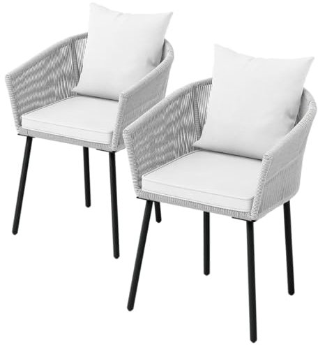 STEELSØN Gartenstuhl Nair 2er Set, Armlehnenstuhl aus Rattan, Balkonstuhl mit Sitzkissen, pulverbeschichtetes Stahlgestell, Hellgrau