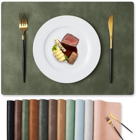 MOSAYT Vinyl Placemats Set of 6-12 X 17 Inch - Faux Leather 100% Waterproof Oil-Proof Wipeable PU Place Mats, Heat Resistant Reversible Table Mats for Kitchen, Dining, Outdoor (Olive Green)