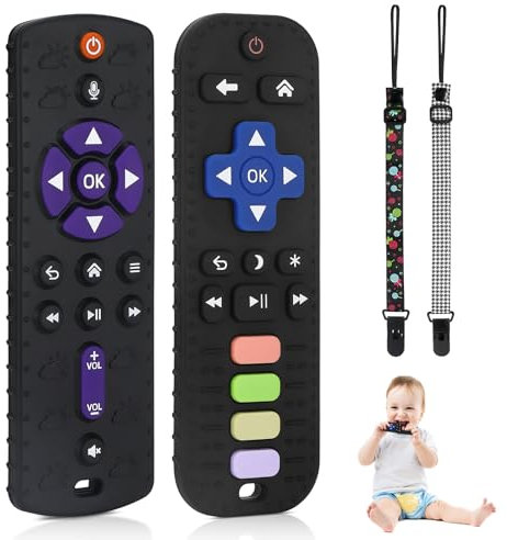Mordedor Bebe,2 Piezas Mando a Distancia Mordedor de Silicona,de silicona para bebé,Accesorio de Enfermería la Dentición sin BPA,con de Chupete,Botón,para bebés de 0 a 12 meses,Negro