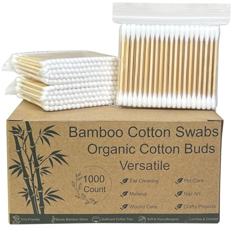 Tamponi di cotone in bambù, 1000 pezzi, biodegradabili, a doppia punta, con bastoncini di legno, per trucco, cura personale, pulizia delle orecchie e toelettatura degli animali domestici