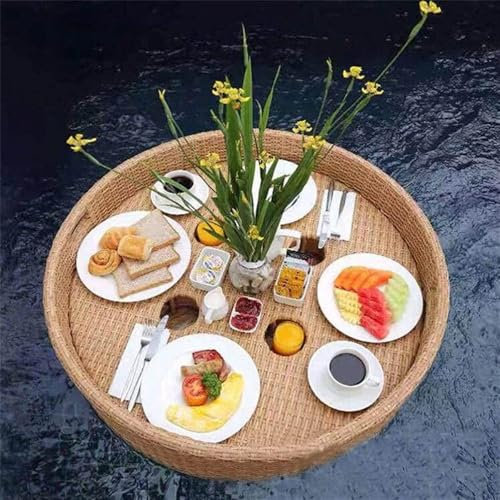 Plateau flottant pour piscine - Plateau de piscine rond de 24/32 pouces pour servir des boissons et de la nourriture, pour les fêtes Plateau de service de fête en rotin résistant à l'usure,Beige-60cm