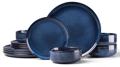 HaWare Dinner Set, 12 Piece Stoneware Dinnerware Service for 4, Reactive Glaze Dining Ware Include Plates and Bowls, Chip and Scratch Resistant, Microwave & Dishwasher Safe, Nebulas Blue