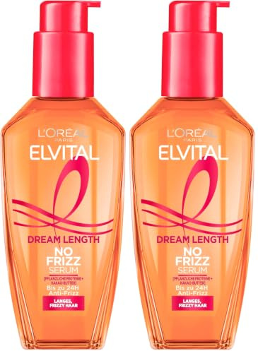 L'Oréal Paris Elvital Haarserum ohne Silikone, Hitzeschutz für langes, widerspenstiges Haar, Ohne Ausspülen, Haaröl mit pflanzlichen Proteinen und Kakaobutter, Dream Length No Frizz Serum, 1 x 100 ml