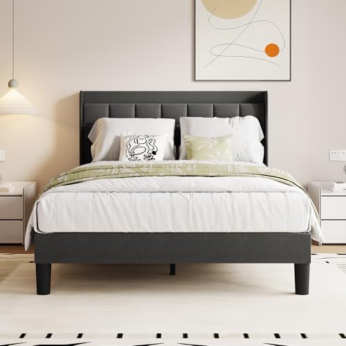 TOTEBOX Double Bed Frame with Charging Station and Adjustable Linen Headboard, Under Bed Stoarge, 12PCS Wood Slats for Bedroom, No Box Spring Needed Dark grey, 135 x 190