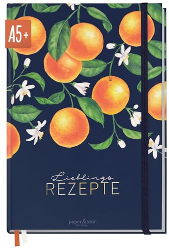 Häfft paper&you® Rezeptbuch zum Selberschreiben A5 + für 62 Rezepte | 1 Doppelseite pro Rezept, DIY Kochbuch / Backbuch mit Index & extra starkem 120g/m²-Papier Orange Love