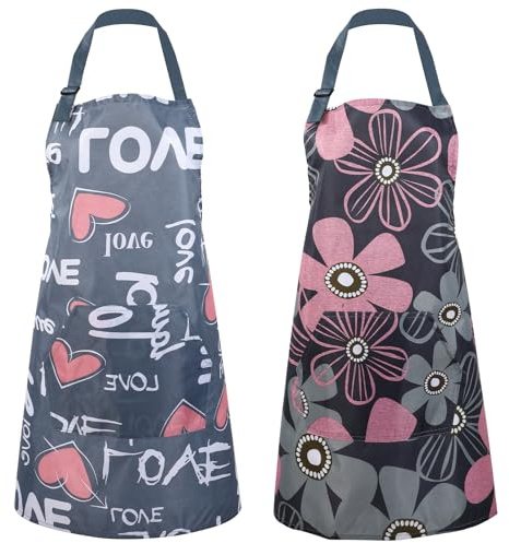 Larrel 2 Stück Blumenschürzen mit Tasche, Damenschürze Verstellbar Schürze Wasserdicht Kochschürzen Küchenschürze mit Großen Taschen für Küche Garten und Salon Grillschürze Blumen Kittelschürze