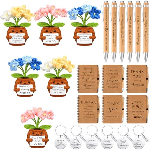 Wavwavw 6 Set Employee Appreciation Gifts Bulk, Gifts for Coworkers, Doll Crochet with Card Inspirational Journals with Retractable Bamboo Pens Thank You Keychains for Staff