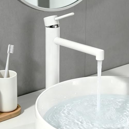 ONECE Robinet Vasque à Poser, Mitigeur Haut pour Salle de Bains, Blanc | Robinet de Lavabo Eau Chaude et Froide, Acier Inoxydable Résistant à l'usure, Mousseur Remplaçable