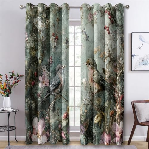 Generisch Vintage Vogel Vorhänge Wohnzimmer, Verdunklungsvorhänge Vintage Blumen mit Ösen, Vorhang Blickdicht mit Muster, Gardinen für Wohnzimmer Deko 2er Set, H 160 X B 140 cm B-G33