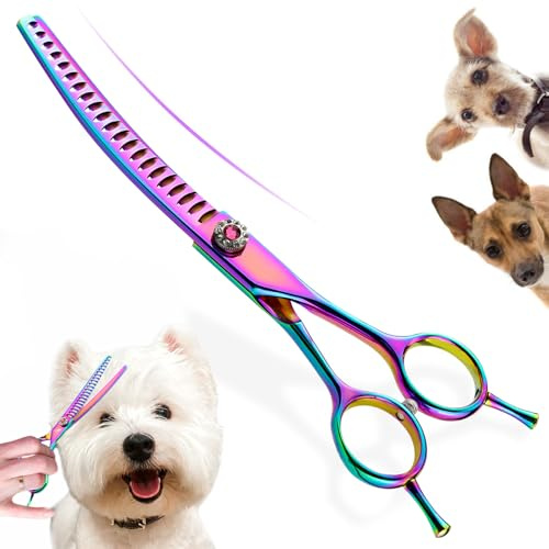 Curved Thinning Shears Dog Grooming, 7 Inch Portable Lightweight Colorful Pet Grooming Scissors for Cat Home Use, Curved Chunkers Dog Scissors