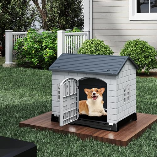 GOPLUS Niche pour Chien Exterieur en PP, Cabane Chien Exterieur Interieur avec 3 Fenêtres, Porte Verrouillable, Toit en Pente, Plateau de Toilette Amovible, Ventilé&Imperméable, 75 x 58 x 65 CM (Gris)