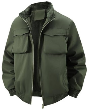 Herr arbete cargojackor, sherpa fodrad bruksrock tjock varm vinterjacka, vardaglig dragkedja utomhus flyg bomberrock, Armégrön 3, 3XL