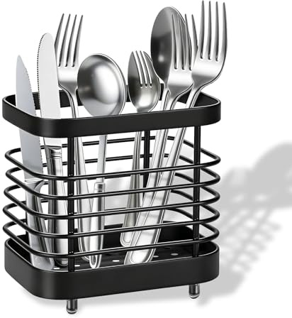 Lichamp Cutlery Drainer for Sink - Rust Proof Stainless Steel Utensil Holder & Sink Caddy with Quick Dry Hollow Design, Space Saving Kitchen Organiser for Knives, Forks, Spoons (Black)