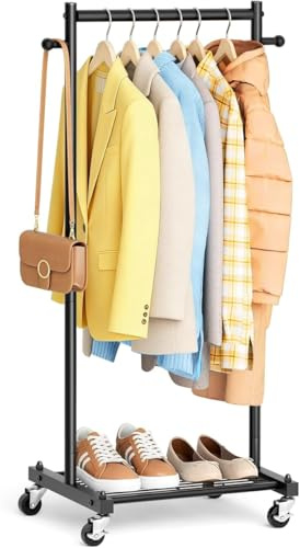 MISSLO Kleiderständer Klein auf Rollen, 114 cm Schmal Kleiderstange mit Ablagen, Metall Stabil Klamotten ständer für Kleine Räume, Kleiderschrank, Garderobe, Erwachsene & Kinder, Schwarz