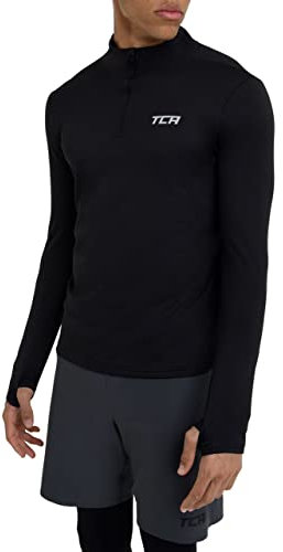 TCA Men's Cloud Fleece 1/4 Thermal Running Top with Zip Pocket - Black, XL