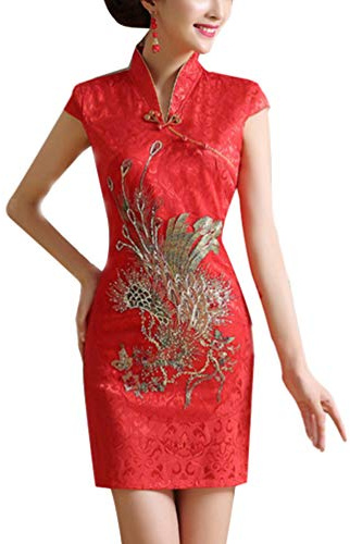 TENDYCOCO Robe Chinoise Mariage Traditionnel Cheongsam Slim Qipao Taille XL à Manches Courtes (Rouge)