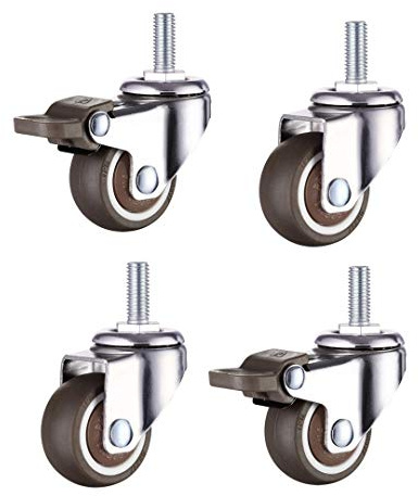 Norgail 2,5 cm große kleine Einkaufswagen-Räder mit Drehgelenk, weiches Gummi, TPE, M6 x 15 mm, metrisches Gewinde, Mini-Vorbaurolle (2 mit Bremsen), 11 kg Tragkraft, 4 Stück