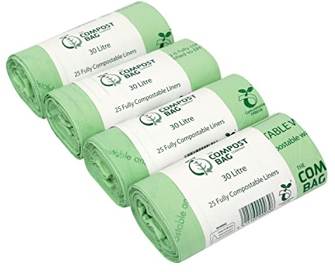 30 Litre x 100 Compostable Caddy Bags - Compost Bag Kitchen Food Waste Compost Liners 30L - EN 13432 - Compost Bag Pedal/Kerbside Bin Bags with Composting Guide
