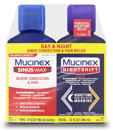 Mucinex Maximum Strength Sinus-Max Severe Congestion & Pain + Nightshift Sinus Liquid, Cold and Flu Medicine for Adults, Over-the-Counter Medication for Multi-Symptom Relief, 2x6 Fl Oz