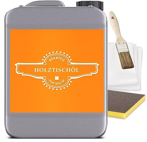BEKATEQ Holztisch Öl 2,5L Set mit Schleifmatte, Putzvliestuch & Pinsel - Arbeitsplattenöl, Möbelöl, Holzöl biologisch & lösemittelfrei, ergiebig, einfache Anwendung, wasser- & schmutzabweisend LS-240