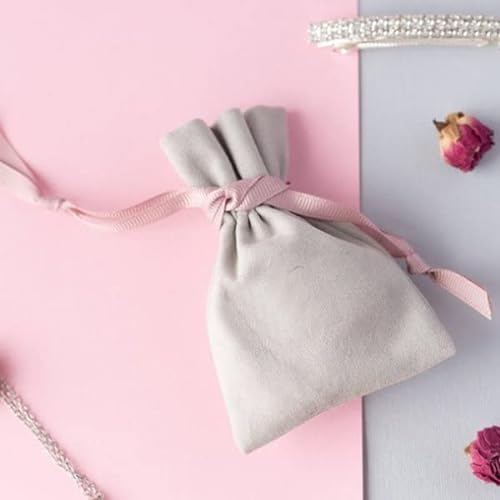 LYFANG Grauer Flanell-Geschenkbeutel, rosa Schleife, 8 x 10 cm, 9 x 12 cm, 10 x 15 cm, 13 x 17 cm, mit Logo, Schmuckbeutel, Kosmetiktasche, Mikrofasertasche