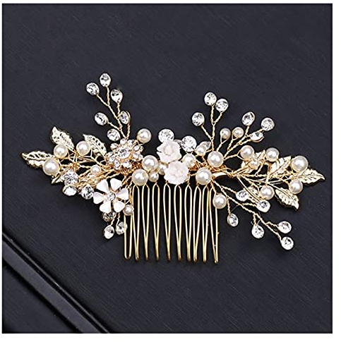 WERWER Braut Perlen Haarkämme Hochzeitszubehör Blume Hochzeit Haar Kamm Frauen Haar Ornamente Kamm for Haare (Metal Color : Gold-Color)