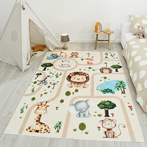 Nazar Kinderteppich für Kinderzimmer, Babyteppich, für Mädchen und Jungen, Motiv Dinosaurier, Weltkarte und Tiere (739 beige, 120x160 cm)