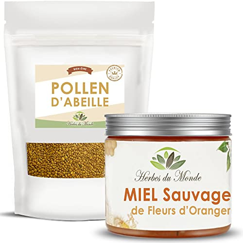 Herbes du Monde - DUO d’Apiculture: Pollen d'Abeilles BIO & Miel Sauvage Fleur d'Oranger, 250g - Soutien Immunitaire & Énergétique, Pureté Nutritionnelle, Bienfaits Naturels Ruche - 1 sachet et 1 pot